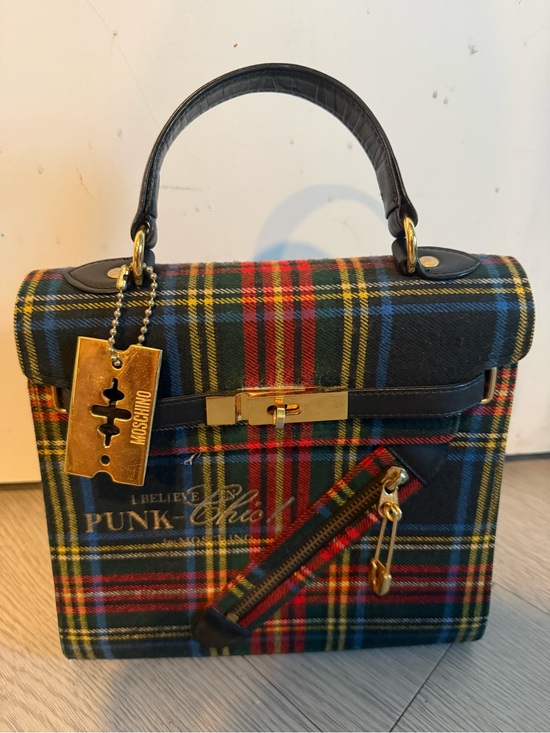 Moschino Handbags - Moschino Vintage I Believe In Punk Chic Razor Blade Pin Plaid Top Handle Bag
